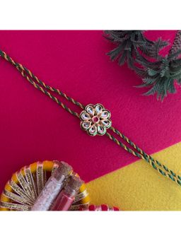 Digital Dress Room - Gold Plated Flower Kundan Pendant Rakhi For Raksha Bandhan