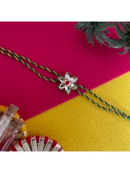 Digital Dress Room - Gold Plated Flower Kundan Pendant Rakhi For Raksha Bandhan