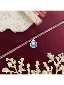 Digital Dress Room - Silver Plated Sky Blue Shell With Pearl Charm Rakhi For Raksha Bandhan