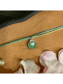 Digital Dress Room - Silver Plated Green Shell With Pearl Charm Rakhi For Raksha Bandhan, Bhaiya