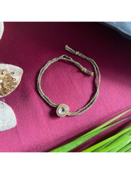 Digital Dress Room - Gold Plated Kundan/Ad Square Pendant Yellow Thread Rakhi For Raksha Bandhan