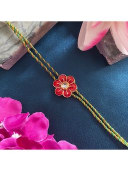 Digital Dress Room - Gold Plated Red Flower Kundan Pendant Rakhi For Raksha Bandhan