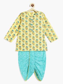 Campana - Boys Bansi Dhoti Kurta - Pressed Flower Print - Yellow (Set of 2)