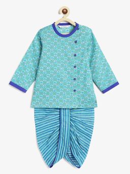 Campana - Boys Ananda Dhoti Kurta - Flower Blockprint - Blue (Set of 2)