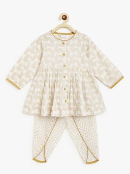 Campana - Girls Asmi Dhoti - Gold Foil Print - Off White (Set of 2)