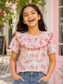 KiddoPanti - Girls Georgette Woven Sleeveless Floral Printed Pom Lace Top