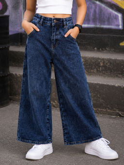 KiddoPanti - Girls Dark Blue Denim Solid Baggy Fit Wide Leg Denim Jeans