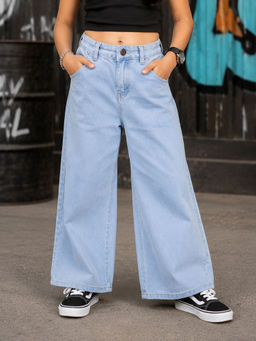 KiddoPanti - Girls Light Blue Denim Solid Baggy Fit Wide Leg Denim Jeans