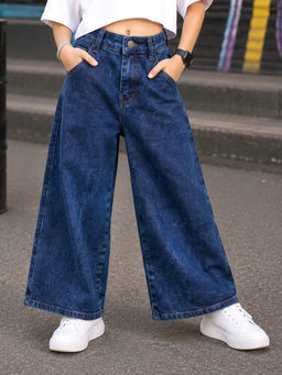 KiddoPanti - Girls Blue Denim Solid Baggy Fit Wide Leg Denim Jeans