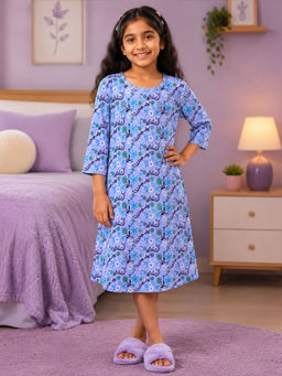 KiddoPanti - Blue Girls Cotton Knit Floral Printed Night Dress