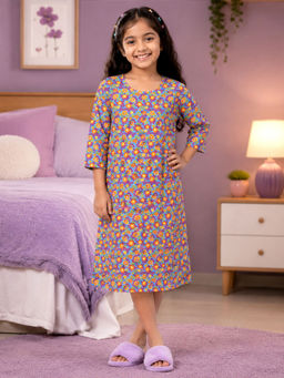 KiddoPanti - Multi-Colour Girls Cotton Knit Floral Printed Night Dress