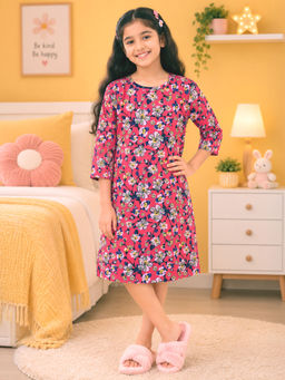 KiddoPanti - Pink Girls Cotton Knit Floral Printed Night Dress