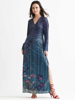 SHAYE - Blue Polyester A-Line V-Neck Embellished Maxi Dress