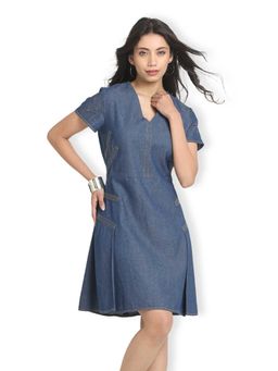 SHAYE - Blue Cotton Flared V-Neck Solid Knee Length Dress