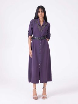 SHAYE - Purple Polyester Shirt Collar Neck Embroidered Midi Dress with Belt