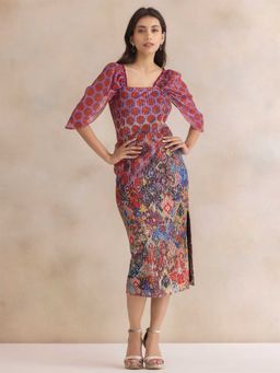 SHAYE - Red Polyester Bodycon Square Neck Self Design Midi Dress