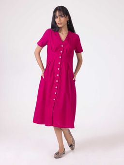 SHAYE - Magenta Cotton A-Line V-Neck Solid Midi Dress