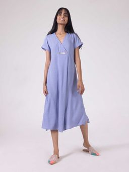 SHAYE - Lavender Cotton A-Line V-Neck Solid Midi Dress