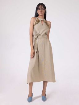 SHAYE - Beige Blended A-Line Halter Neck Solid Midi Dress with Belt