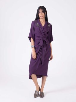 SHAYE - Purple Polyester Wrap Notched Lapel Textured Midi Dress with Belt