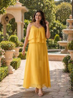 Qurvii - Yellow Georgette Flared Shoulder Straps Solid Maxi Dress