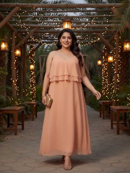 Qurvii - Peach Georgette Flared Shoulder Straps Solid Maxi Dress