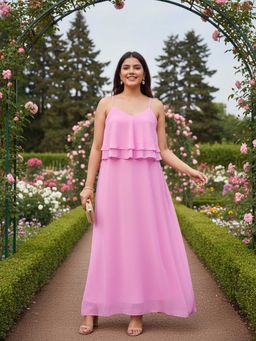 Qurvii - Pink Georgette Flared Shoulder Straps Solid Maxi Dress