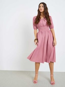 Styli - Pink Synthetic Flared V-Neck Textured Midi Dress