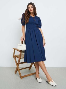 Styli - Navy Blue Synthetic Flared V-Neck Textured Midi Dress