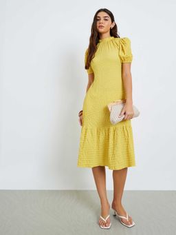 Styli - Yellow Synthetic A-Line High Neck Textured Midi Dress