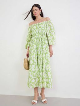 Styli - Green Cotton Flared Off Shoulder Printed Midi Dress