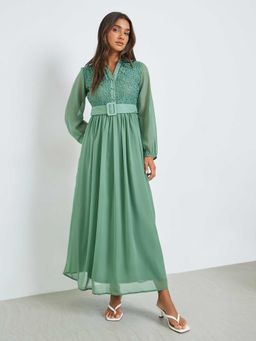 Styli - Green Polyester A-Line Collar Neck Self Design Maxi Dress with Belt