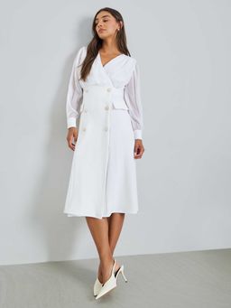 Styli - Off White Polyester A-Line V-Neck Solid Midi Dress
