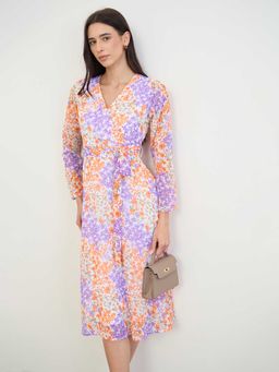 Styli - Multi-Color Synthetic Wrap V-Neck Printed Midi Dress with Belt