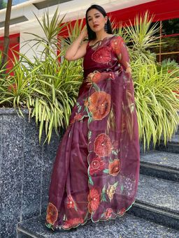 Odette - Wine Organza Printed Saree with Unstitched Blouse