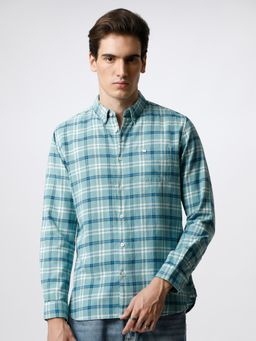 The Bear House - Men Green & Blue Checked Slim Fit Cotton Casual Shirt