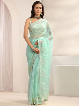 Libas - Blue Tissue Tassels Embellished Saree with Unstitched Blouse