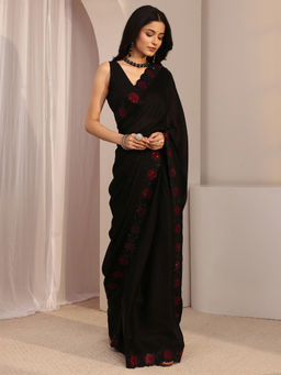 Libas - Black Chiffon Lace Work Embellished Saree with Unstitched Blouse