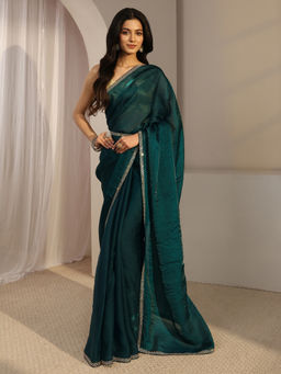 Libas - Teal Satin Lace Work Solid Saree with Unstitched Blouse