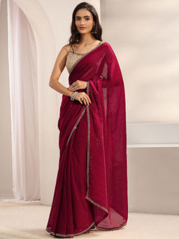 Libas - Pink Satin Lace Work Solid Saree with Unstitched Blouse