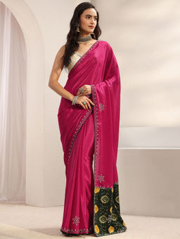 Libas - Pink Chinon Lace Work Embellished Saree with Unstitched Blouse