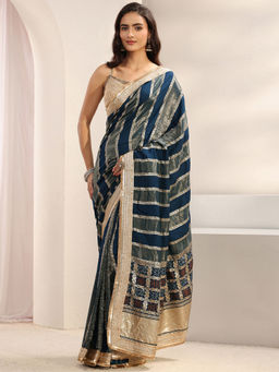 Libas - Multi-Color Chiffon Lace Work Printed Saree with Unstitched Blouse
