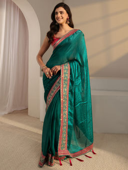 Libas - Green Tissue Lace Work Embroidered Saree with Unstitched Blouse