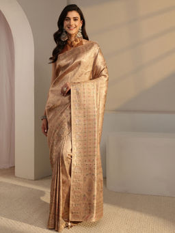 Libas Art - Gold Silk Blend Beads and Stones Handloom Saree with Unstitched Blouse
