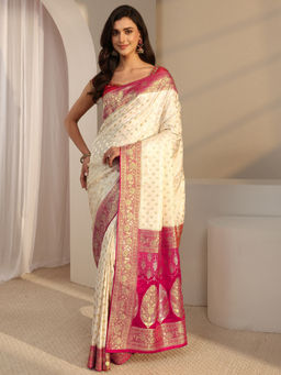 Libas Art - Cream Satin Woven Handloom Saree with Unstitched Blouse