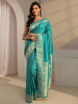 Libas - Turquoise Silk Blend Woven Handloom Saree with Unstitched Blouse