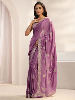 Libas - Lavender Satin Embroidered Floral Saree with Unstitched Blouse