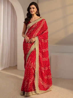 Libas - Red Tissue Bandhani Printed Saree with Unstitched Blouse