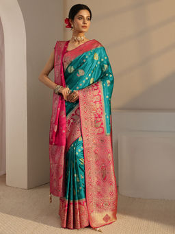 Libas Art - Green Satin Tassels Handloom Saree with Unstitched Blouse