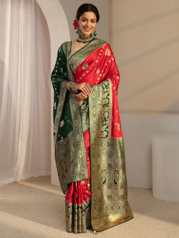Libas Art - Red Satin Tassels Handloom Saree with Unstitched Blouse